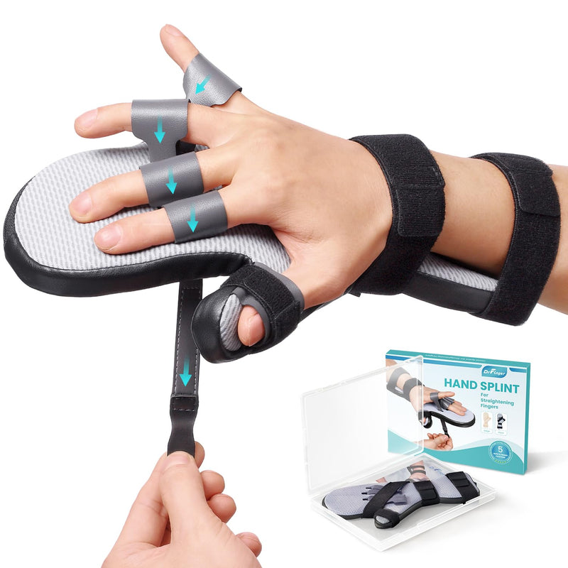 [Australia] - DrFinger Upgrade Resting Hand Splint Brace for Straightening Fingers with 5 Finger Support, to Keep Fingers Straight - Right (Black) Black 