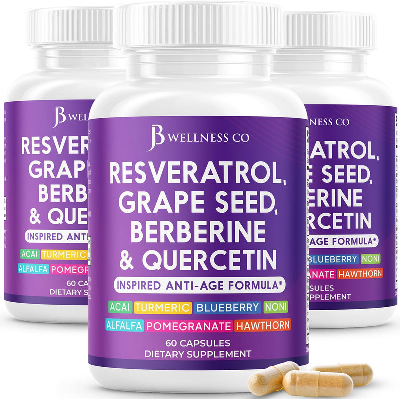 [Australia] - JB Wellness Resveratrol, Grape Seed Extract, Berberine, Quercetin - Polyphenol Supplement for Women and Men with Noni Extract, N-Acetyl Cysteine, Acai Extract - 180 Capsules 60 Count (Pack of 3) 