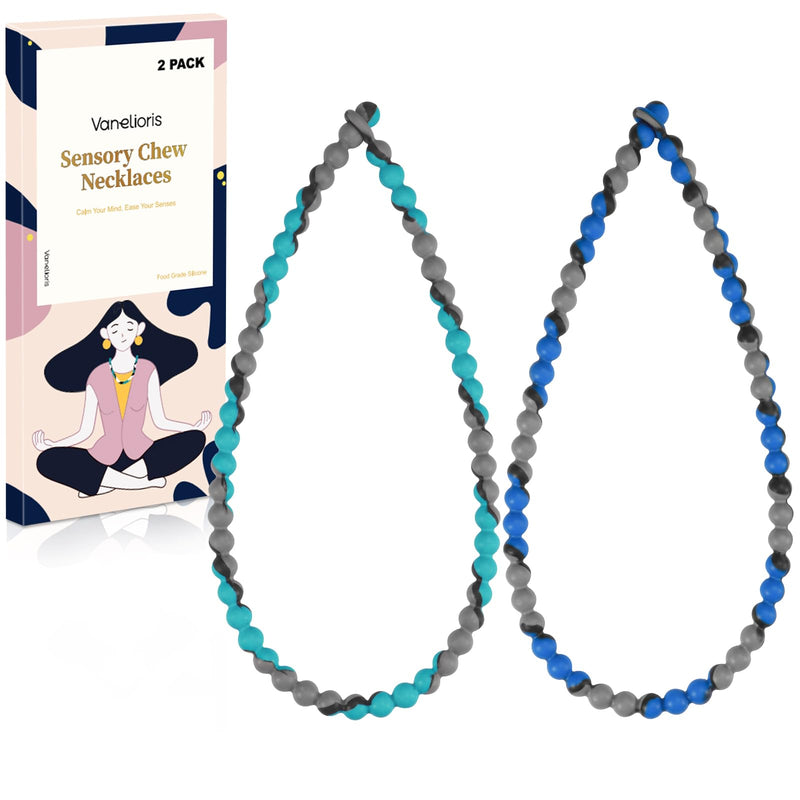 [Australia] - Chew Necklaces for Sensory Kids and Adults, Chewy Necklace Sensory Toys for Nail Biting, Silicone Necklace for Autism, ADHD, SPD, Fidget Oral Chew Toys for Boys and Girls Tie-dye Blue Green 
