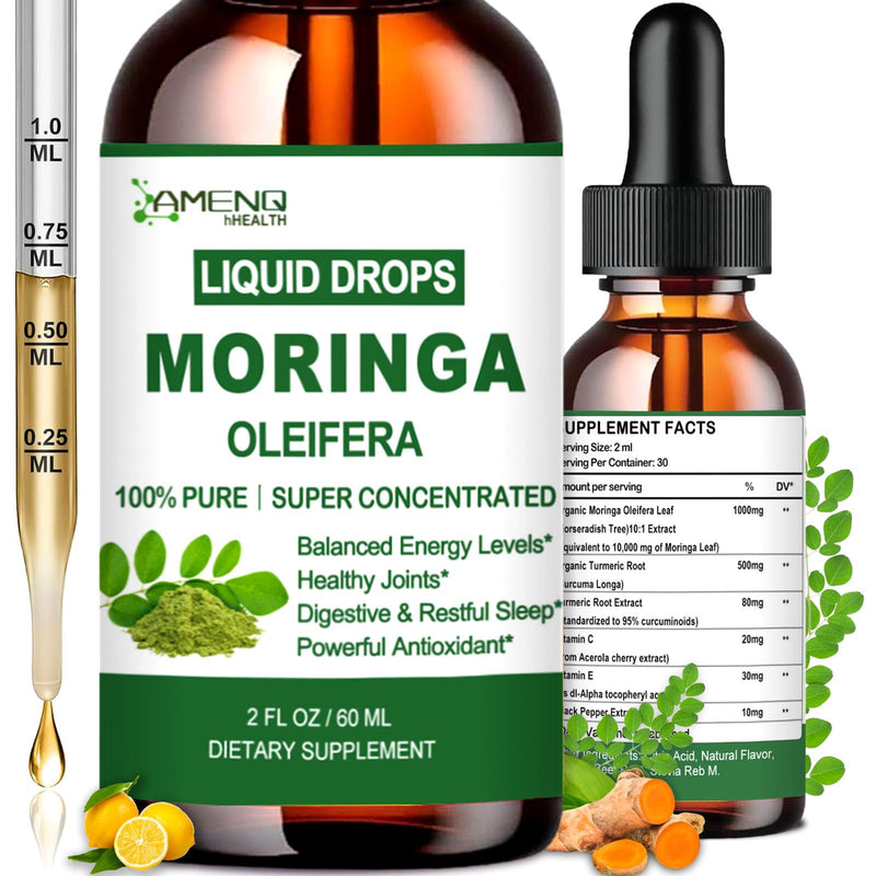 Moringa Supplement Liquid Drops for Women Men, Capsule & Powder Alternative | 1000mg Moringa + 500mg Turmeric 95% Curcuminoids w. Black Pepper for Energy, Immune, Skin, Joint & Gut Support, Vegan Non-GMO Lemon 2 Fl Oz (Pack of 1)