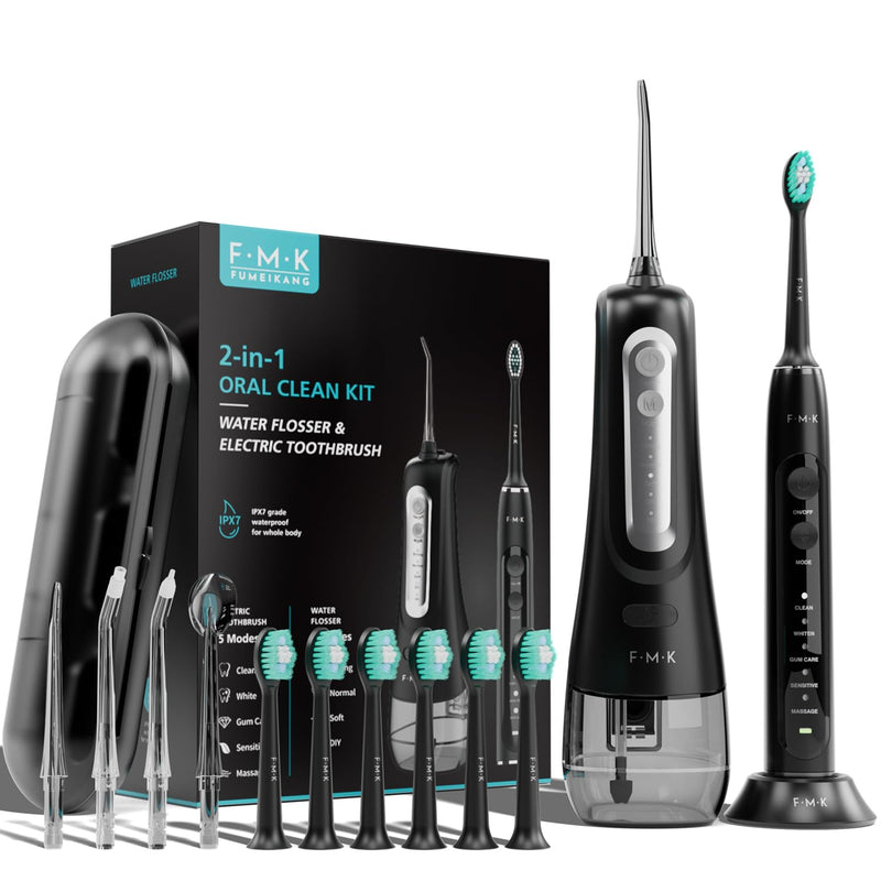 [Australia] - Water Flosser & Electric Toothbrush for Adults Oral Irrigator & Sonic Toothbrush 2-1 Oral Clean Kit (Black) Black 