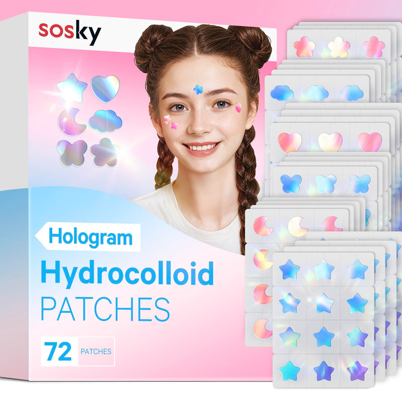 Sosky Hologram Pimple Patches for Face, Hydrocolloid Acne Patches with Salicylic Acid, Cute Star Zit Stickers,Colorful Blemish Covers,72 Count Blue Pink Star Heart Moon Cloud Butterfly Flower
