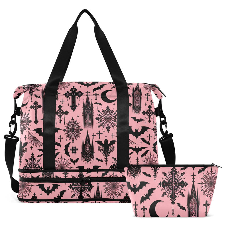 Travel Duffel Tote Bag Black Gothic Moon Spider Webs and Bats Sports Duffel Bag with Wet Pocket Weekender Overnight Bag for Women Men Gym Bag, Carry On Bag Hospital Bag for Labor and Delivery Bats I8897