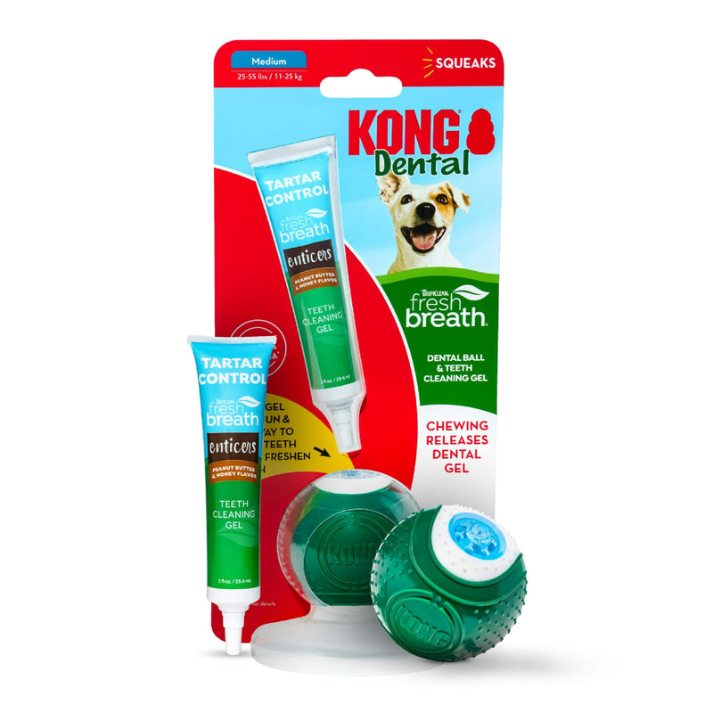 [Australia] - TropiClean Fresh Breath - Kong Dental Ball for Medium Dogs - Dog Teeth Cleaning Kit - Removes Plaque - Peanut Butter & Honey Dog Toothpaste, 1oz 