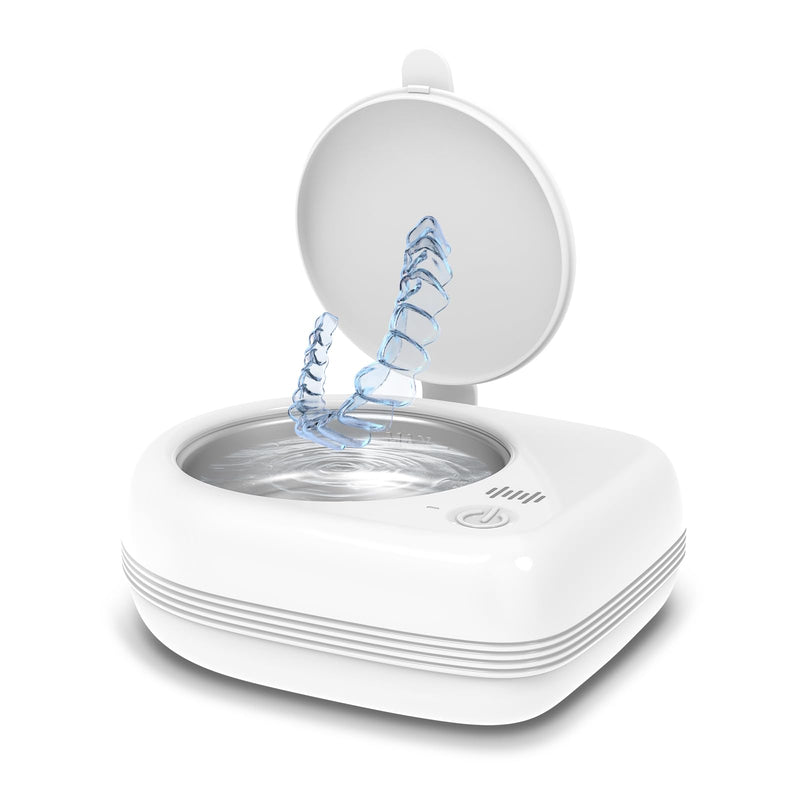 [Australia] - Rechargeable Ultrasonic Retainer Cleaner Machine | 50kHz 1.9 inch Ultra-Thin Portable | Night Guard Aligners Jewelry |6pcs Cleaner Tablets Included | Quick & Deep Clean Modes | Oral Dental Care White 