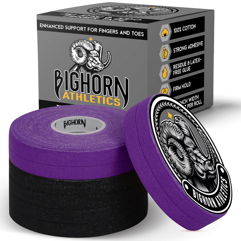 Bighorn Athletics Jiu Jitsu Finger Tape, 0.3-Inch x 45-feet, 8-Rolls | Residue-Free, Zinc Oxide Adhesive | Athletic Sports Tape for BJJ, Wrestling, Climbing, Volleyball, Hands & Toes | Black & Purple