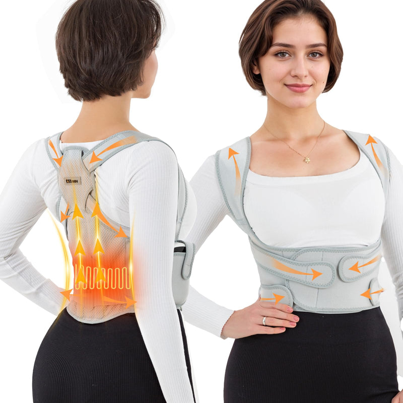 [Australia] - Back Brace Posture Corrector for Women and Men with Detachable Heating Pad - Adjustable Posture Corrector Belt, Relieve Pain in Upper and Lower Back, Waist, And Shoulders (Gray, Medium) Gray 