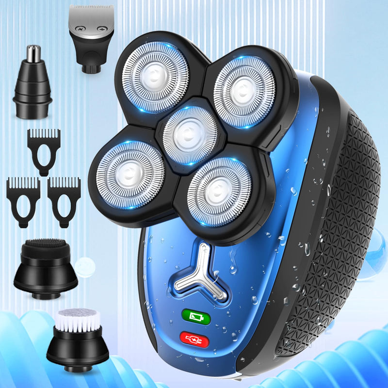 [Australia] - Head Shavers for Bald Men: 5-in-1 Electric Razor -Cordless Rechargeable Wet/Dry Body Hair Shaver IPX6 Waterproof Shaving Grooming Kit for Balder (Blue) (Blue) 