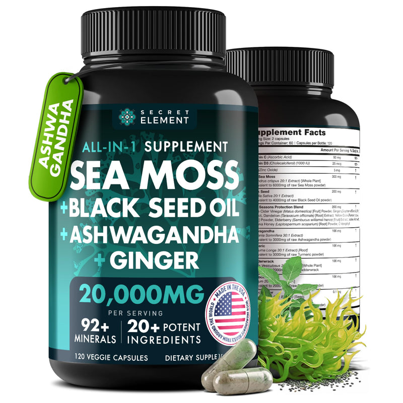 [Australia] - Irish Sea Moss Black Seed Oil Ashwagandha Ginger, 20,000mg Capsules, Seamoss Black Seed Oil Ashwagandha Burdock Root, All in One Supplement, 120 Capsules 120 Count (Pack of 1) Sea Moss Advanced 