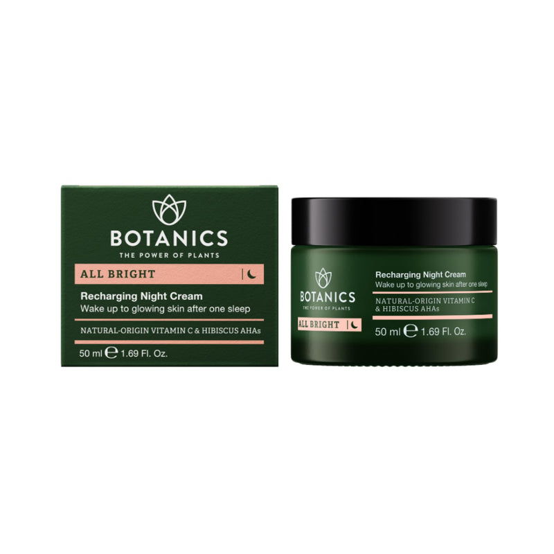 Botanics All Bright Recharging Vitamin C Night Cream & Moisturizer, 1.69 oz | Brightens & Smooths for Glowing Skin, Hydrating & Nourishing, Hibiscus AHAs, Women & Men, Vegan & Cruelty-Free