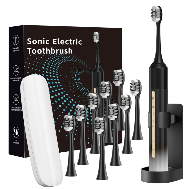 Sonic Electric Toothbrush with 10 Brush Heads for Adults and Children, Up to 30 Days on a Single Charge,5 Modes,Built-in 2-Minute Smart Timer, IPX8 Waterproof Electric Toothbrush (Black White) Black-white