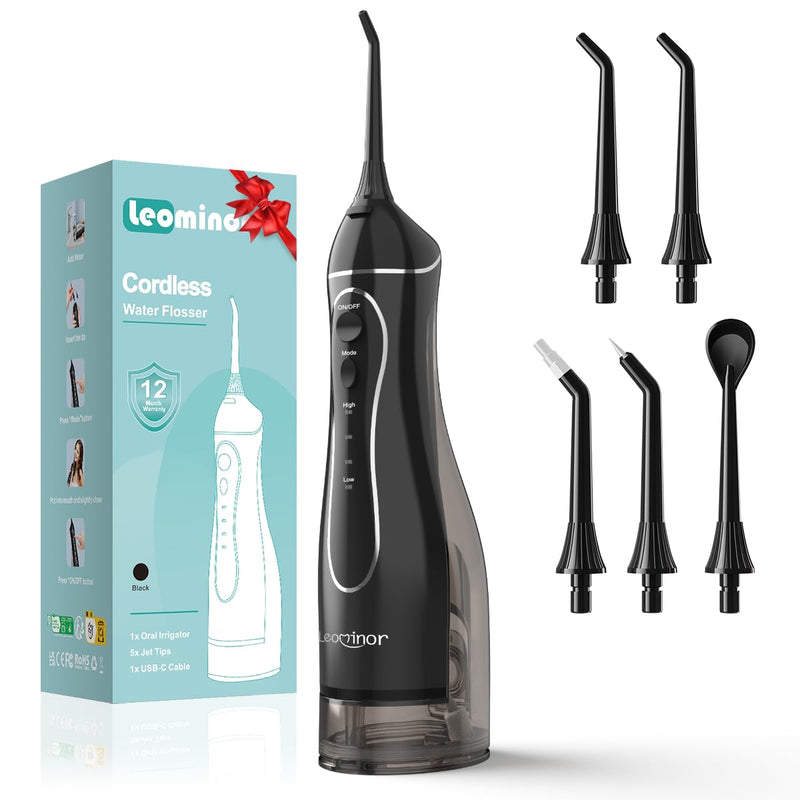 [Australia] - Leominor Water Flosser Pick for Teeth, 300ML Portable Oral Irrigator Upgraded Tank Removable,IPX7 Waterproof, Rechargeable Travel Teeth Cleaner, Professional Electric Flossing Machine (Black) Black 
