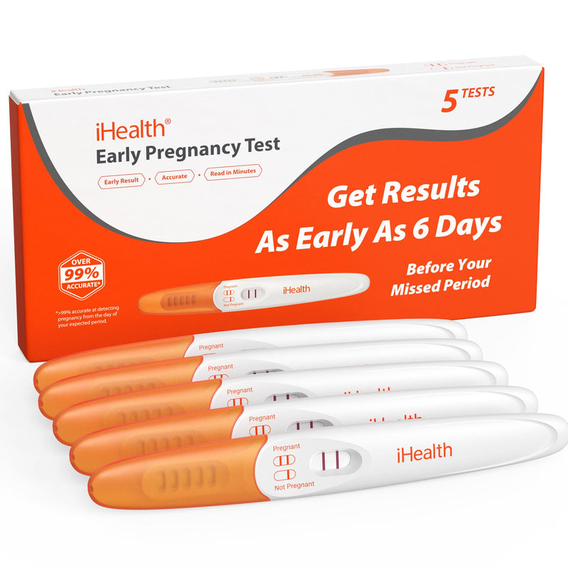 [Australia] - iHealth Pregnancy Test 5-Pack, Detect Early Pregnancy 6 Days Before Missed Period with 99% High Sensitivity. Easy at-Home Fertility HCG Test with Pink Dye, Individually Wrapped, Pruebas de Embarazo 1 Count (Pack of 5) 