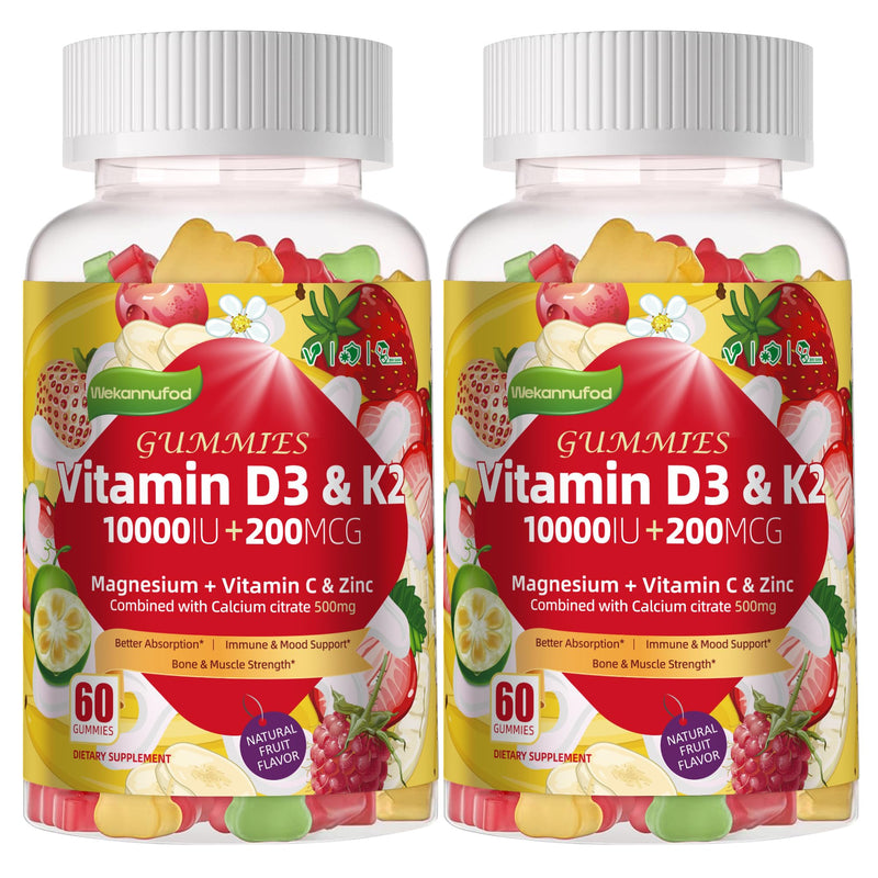 Wekannufod Sugar-Free Vitamin D3 K2 Gummies with Calcium, Magnesium Citrate, Vitamin C & K2 MK-7, Extra Strength Bone, Muscle, Teeth & Immune Support, Vegan, 120 Gummies 120 Count (Pack of 1)