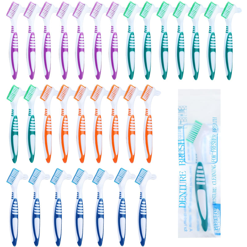 [Australia] - DIVINA VITAE 30Pcs Denture Toothbrush Multi-Layered Soft Bristles Denture Cleaning Brush Bulk Denture Brush with No-Slip Handle for False Teeth, Dental Devices, Mouth Guard(4 Colors) 