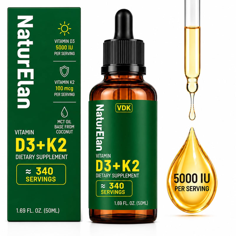 Vitamin D3 5000 IU & K2 Drops with MCT Oil 5000IU D3 + 100 Mcg K2(MK-7) | 1.69 Fl Oz, Supports Bone, Immune, Heart & Teeth Health, Third-Party Tested, Vegan, Non-GMO, Gluten Free