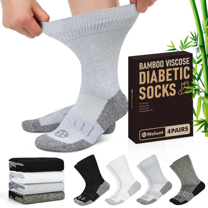 [Australia] - Diabetic Socks for Men,4 Pairs Non Binding Loose Wide Top Crew Socks for Men Size 9-12 13-15 White/Grey/Yellowish Cyan/Black Large 