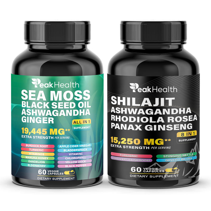 [Australia] - Shilajit Sea Moss Black Seed Oil Ashwagandha Capsules for Man Woman,2 Bottle Combo with Turmeric, Panax Ginseng, Rhodiola,19,445mg Herbal Formula,Energy & Immune Support, 60 Capsules,Easy to Swallow 60 Count (Pack of 2) 