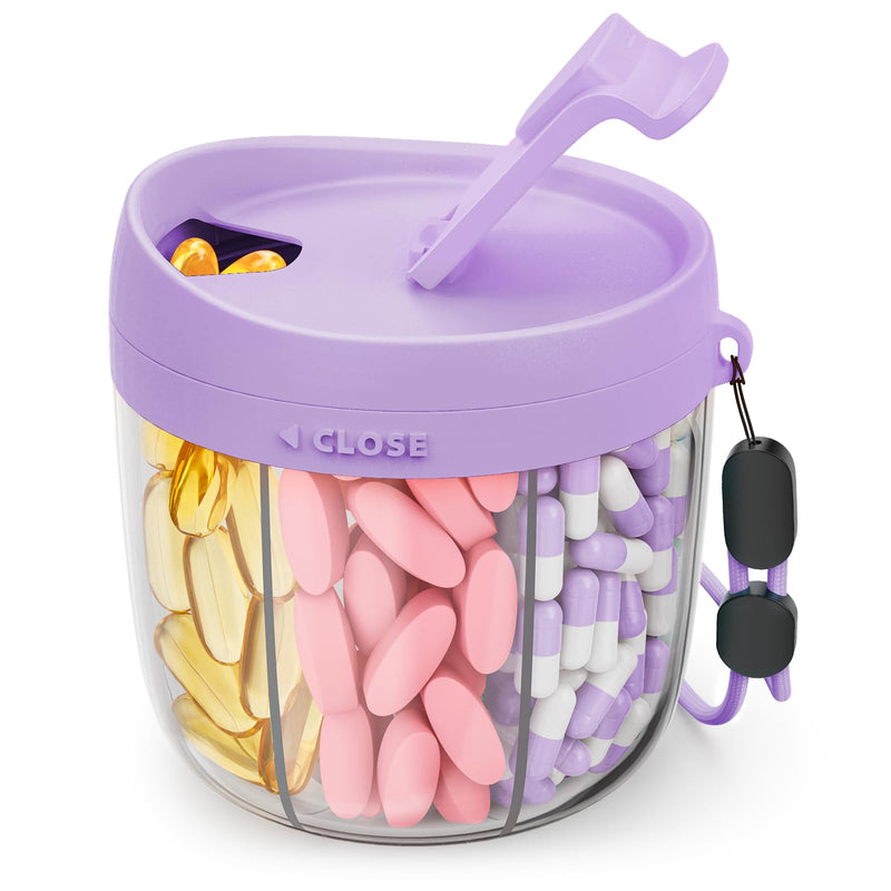 AMOOS Cute Pill Dispenser with Anti-Mix Design, 7-Slot, BPA-Free, Patented | Portable Travel Pill Organizer, Wide Mouth for Easy Access, Pill Bottle Organizer for Vitamins, Fish Oils, Supplement, Purple