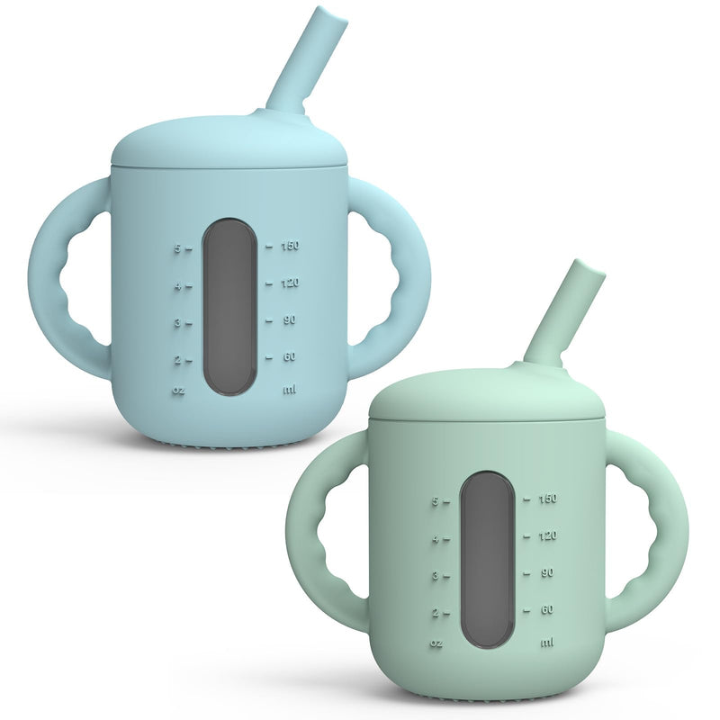 [Australia] - Seposeve 2 Pack Silicone Sippy Cups, Leak-Proof Baby Straw Cup for 6-12 Months, Spill Proof Toddler Cup with Straw 1-3 Years, with Capacity Marking, Non-slip Handle, Flow Control, 6 oz, Green Blue 