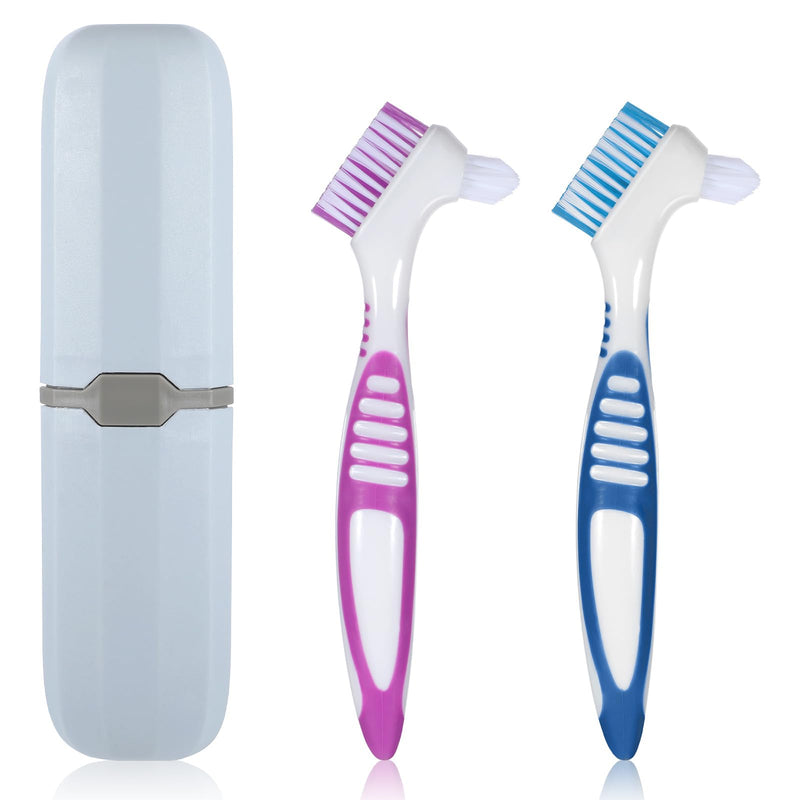 [Australia] - 2 Pcs Denture Brush, Denture Toothbrush with Case Double Sided Denture Cleaning Brush Retainer Brush, Multi-Layered Soft Bristles and Rubber Anti-Slip Handle for Denture Clean Teeth Maintenance 