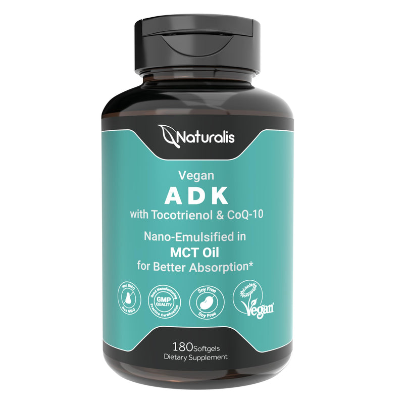 Naturalis Vegan Vitamin ADK 180 Softgels | with Tocotrienol and CoQ-10 | Advanced ADK Complex featuring Vitamins A, D3, and K2 to promote healthy calcium utilization and whole-body wellness.* 180 Count (Pack of 1)