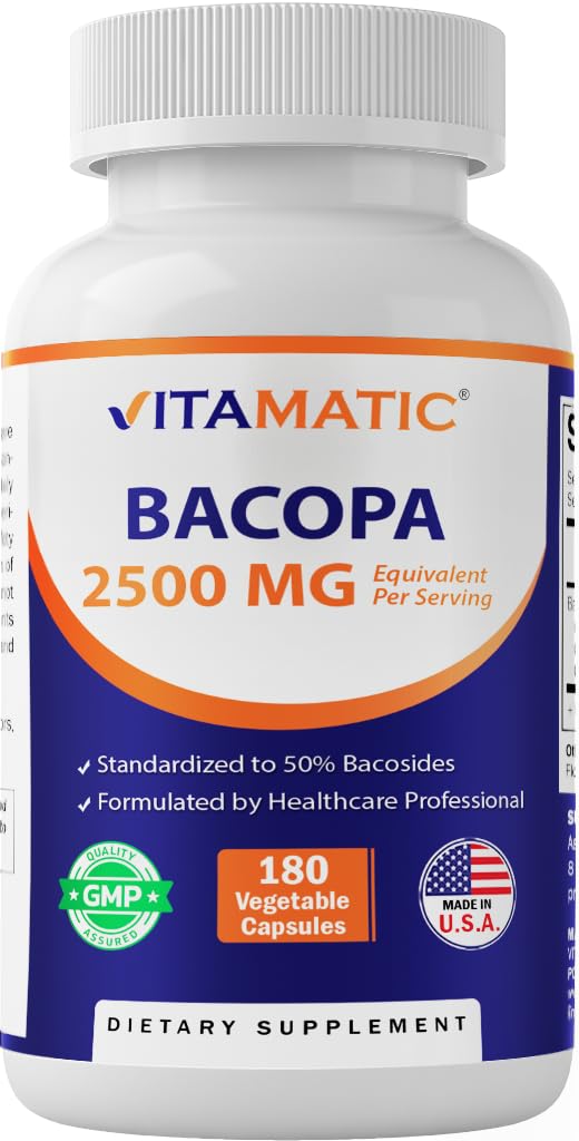 [Australia] - Vitamatic Bacopa Monnieri 2500 mg Equivalent Per Serving (from 10:1 Extract 250 mg) Nootropic Herbal Supplement - 50% Bacosides, Non-GMO & Gluten Free - 180 Vegetable Capsules 