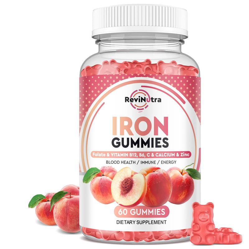 Iron Gummies with Zinc, Calcium, Vitamin C, B6 & B12 | Iron Supplement for Women, Men & Kids | Supports Anemia & Deficiency, Blood Builder & Cell Formation | Chewable Peach Flavor, 60 Gummies 60 Count (Pack of 1)