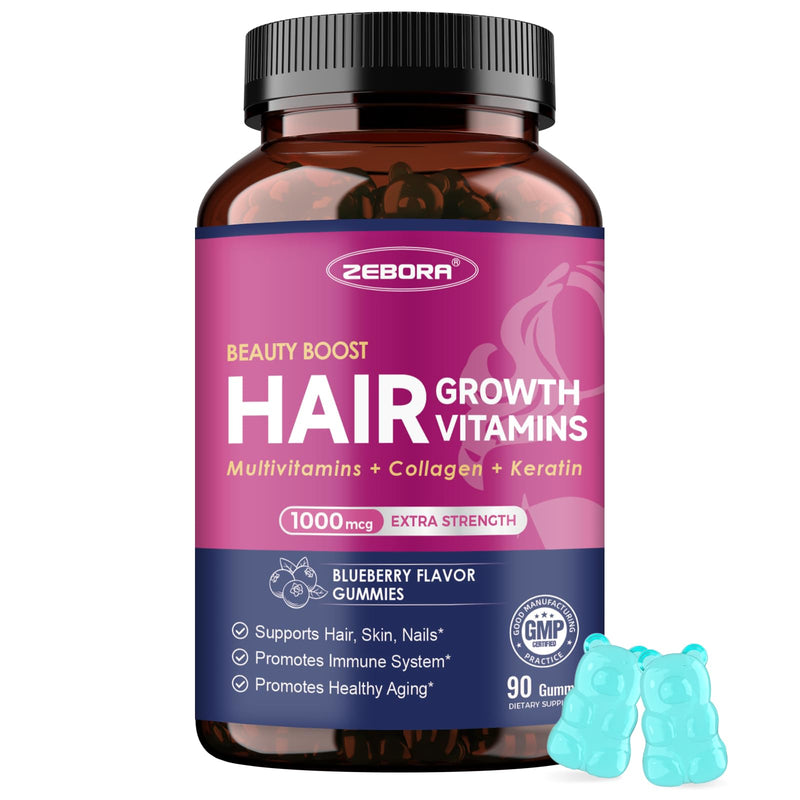ZEBORA Biotin Gummies with Hyaluronic Acid & Keratin, 90 Blueberry Gummies | Hair, Skin, and Nails Vitamins to Support Hair Growth, Stronger Nails, and Healthy Skin for Women and Men, Blueberry Flavor 90 Count (Pack of 1)