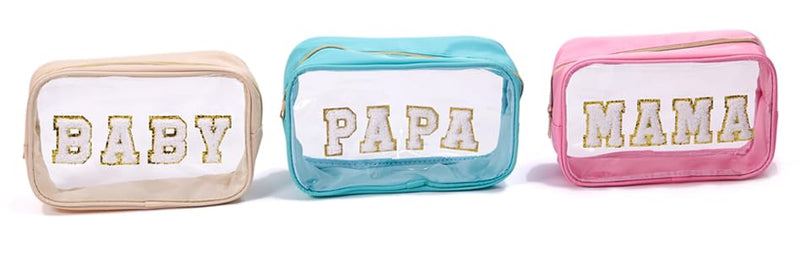 3pc Mama Baby Papa Clear Pouch Set with Chenille letters – Travel Makeup Toiletry Organizer Bags for Family Packing – Cute Personalized for Vacation, Hospital & Diaper Bag Essentials Papa Mama Baby