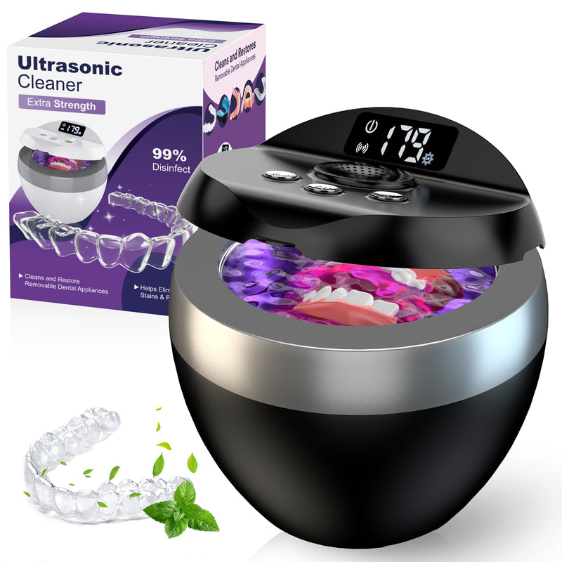 [Australia] - Ultrasonic Retainer Cleaner, 200ML Denture Cleaner for Mouthguard, Aligner, Brace, Night Guard and Dental Appliance with 4 Modes, 45kHz Jewelry Cleaner for Rings, Dental Cleaning Pod with Basket Black 