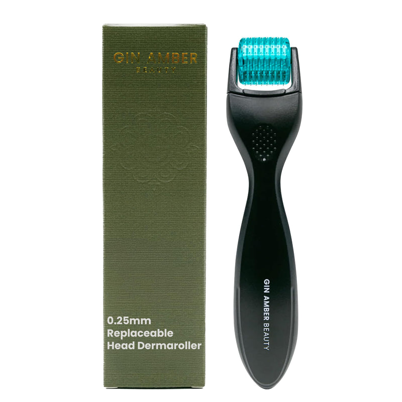 [Australia] - Gin Amber Beauty Derma Roller with Replaceable Head Design – 192 Real individual needles, Micro Needling Roller for Face, Beard, and Scalp Care, 0.25mm Face Roller 