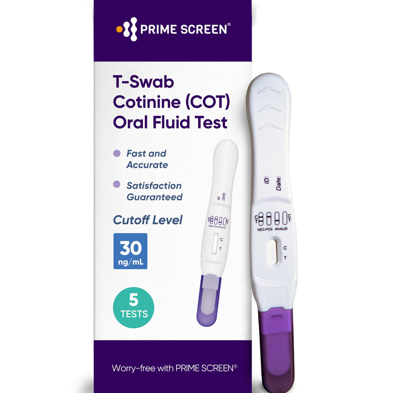 Prime Screen® T-Swab Cotinine (COT) Oral Fluid Test- 30ng Saliva Nicotine Smoking Test– One-Step Nicotine Detection [5 Pack]