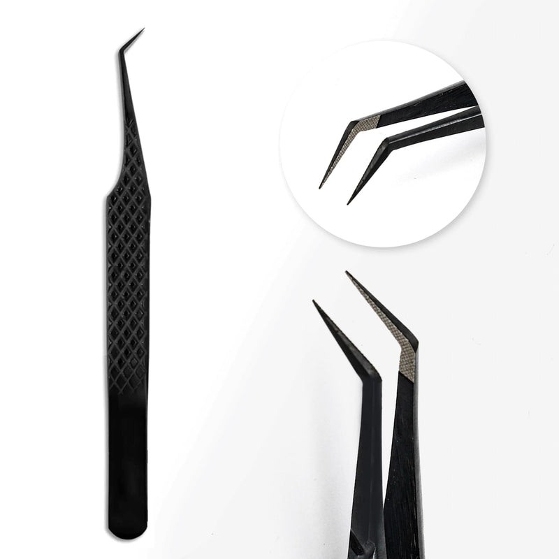 TDANCE Lash Tweezers for Eyelash Extensions, Diamond Grip 45 Degree Fiber Tip Lash Tweezers, Stainless Steel Lash Extension Tweezers(Black-04) Black-04