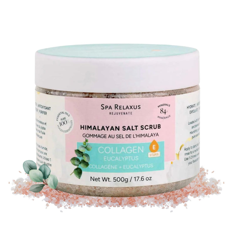 Spa Relaxus Himalayan Salt Scrub with Collagen 17.6 oz Jar, Rejuvenating Hydrating Salt Scrub with 84+ Minerals, Vitamin E, Jojoba Oil and Essential Oils (17.6 oz, Eucalyptus) 17.6 Ounce (Pack of 1)
