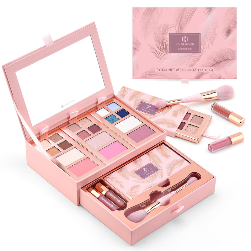 [Australia] - Color Nymph Small Makeup Palette Set for Face | Cosmetics Gift Set for Women & Girls | 12 Colors Eyeshadow, Blush, Highlighter, Contour Powder, Lip Gloss & Brush Kit | Travel-Friendly (Pink) Pink 