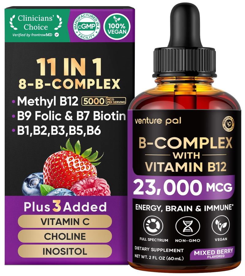 Vitamin B Complex 23000mcg - Methyl B12| B9 Folic|B7 Biotin,B1,B2,B3,B5,B6 | Vitamin B Complex Liquid Drops for Men & Women with Vitamin C, Choline & Inositol for Energy, Immune & Brain Support - 2Oz 2 Fl Oz (Pack of 1) V1-mixed Berry