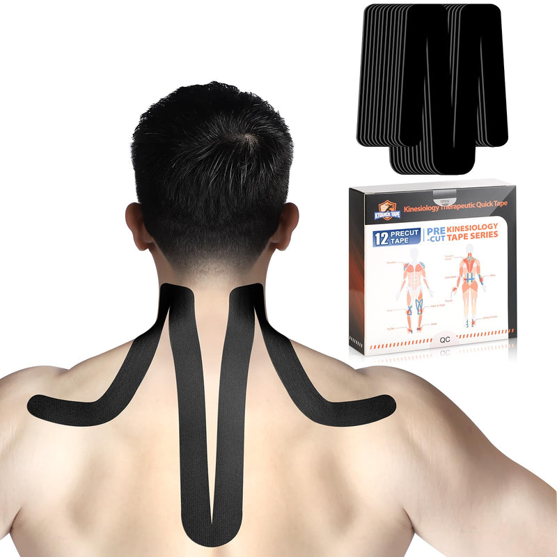 Kinesiology Tape for Shoulder&Neck, 12 Count Shoulder&Neck Tape Precut, KTQUICK Original Cotton Waterproof & Breathable, Enhance Elastic Kinesiology Athletic Tape for Shoulder&Neck Support (Black) Black