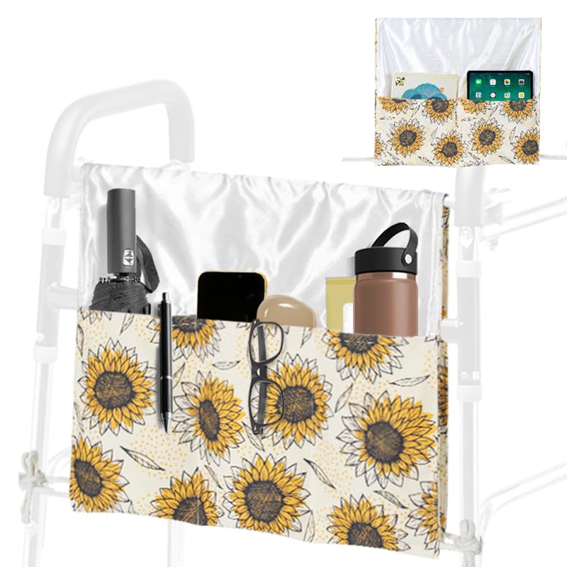 [Australia] - Walker Bag, Double-Sided Walker Basket for Folding Walker, Multi Pockets Walker Accessories Bags for Rollator, Wheelchair Accessories Storage Organizer (Sunflower) Sunflower 
