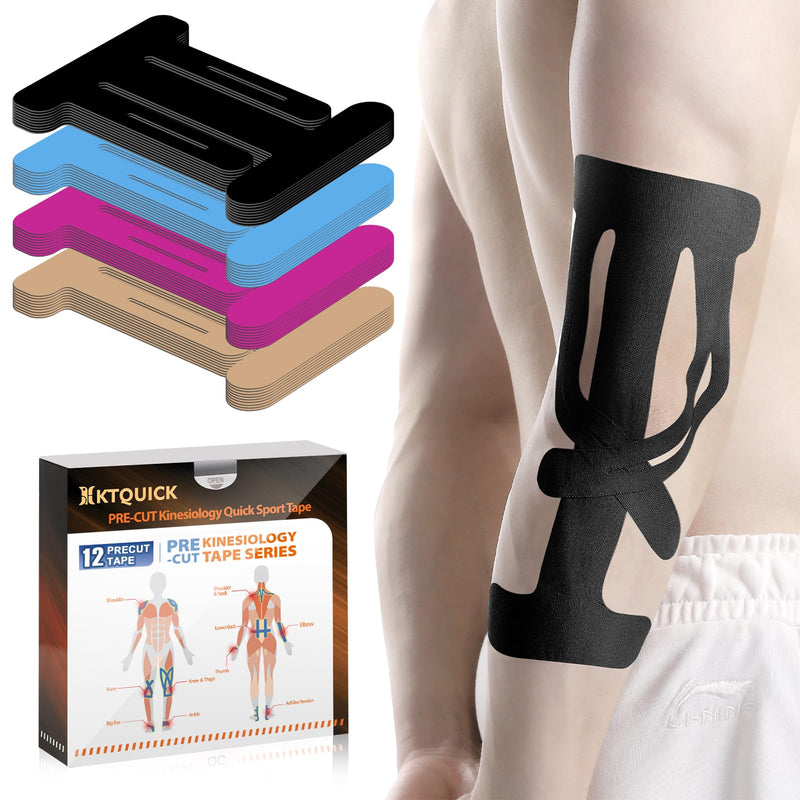 [Australia] - 12 Count Kinesiology Tape for Elbow, Pre-Cut Waterproof KTquick Elbow Tape for Elbow Pain Relief Pre Cut, Original Cotton Athletic Tape, Durable Knee Tape for Sports and Long-Lasting Support (Black) Black 