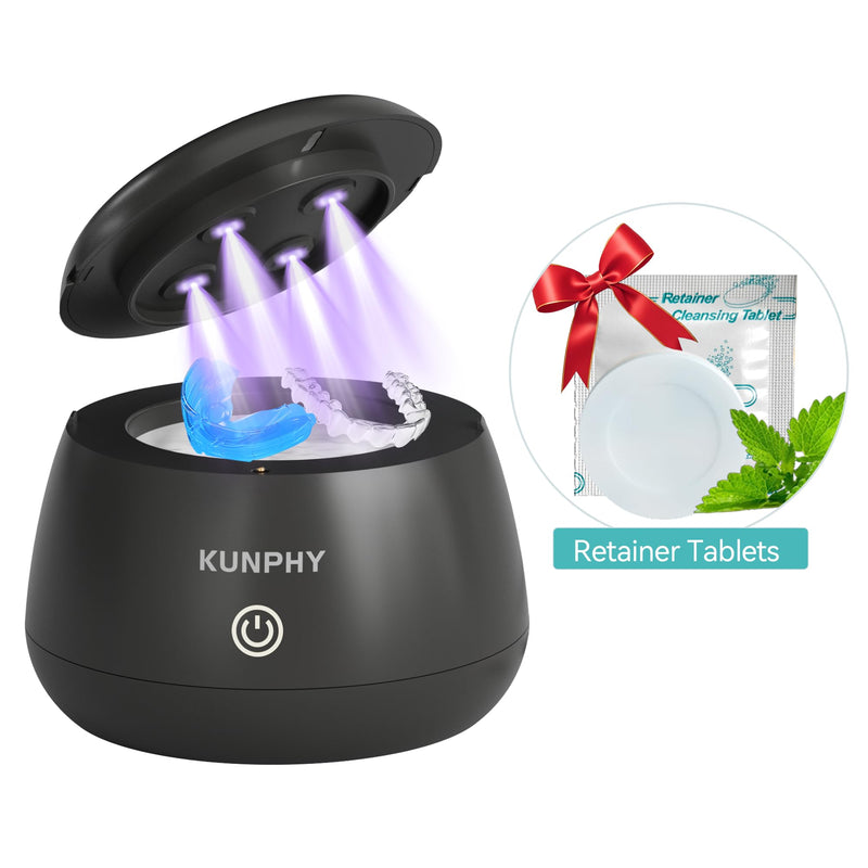 [Australia] - KUNPHY Ultrasonic Retainer Cleaner, 48kHz Denture Cleaner Machine with Cleaning Tablets, Water-Proof Dental Cleaning Pod for Deep Cleaning Night Guard, Mouth Guard, Aligner, Jewelry, Black 