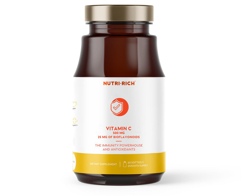 Vitamin C Supplement 500mg with 25mg Bioflavonoids, Ascorbic Acid–Immune, Antioxidant Support – No Soy, Gluten-Free, No Additives, Bioavailable Ingredients, Third-Party Tested (60 Softgels)