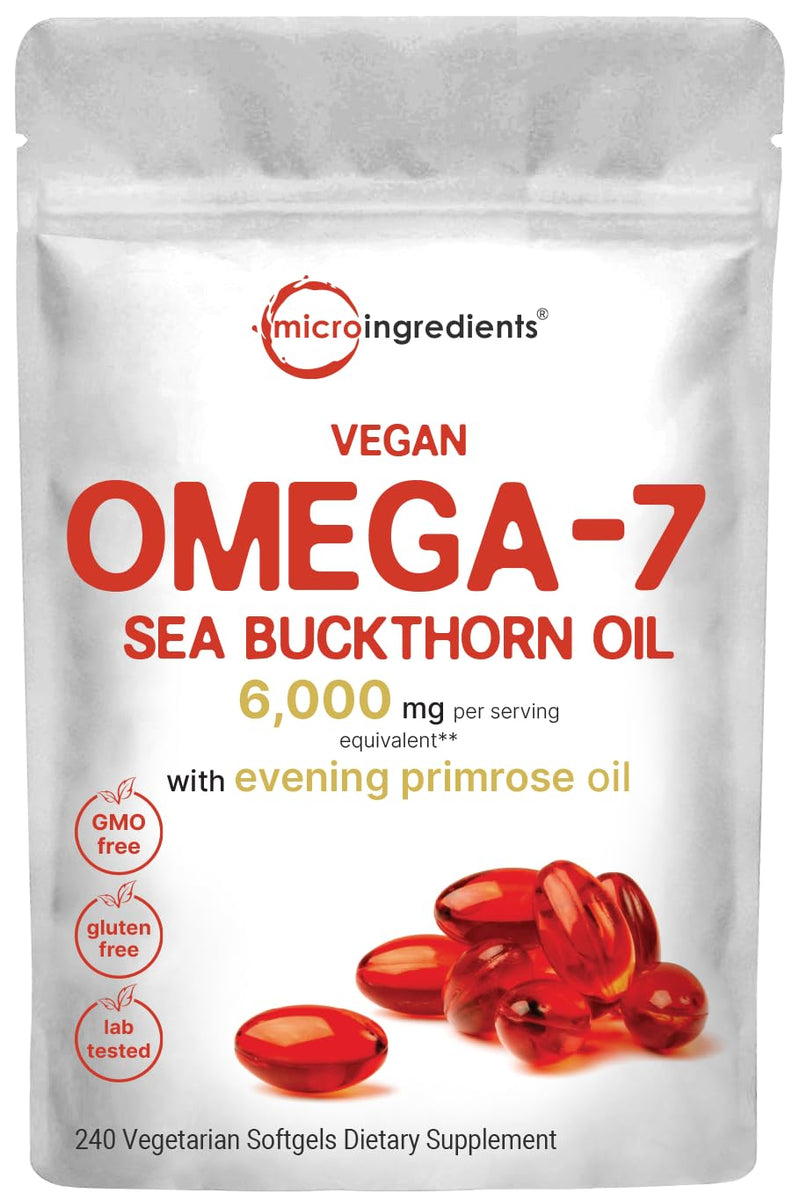 [Australia] - Vegan Omega 7 Sea Buckthorn Oil 6,000mg, 240 Veggie Softgels | 2-in-1 with Evening Primrose Oil | Natural Support for Hair, Skin, & Nails | Combats Dryness | Plant Based, Non-GMO, Gluten Free 