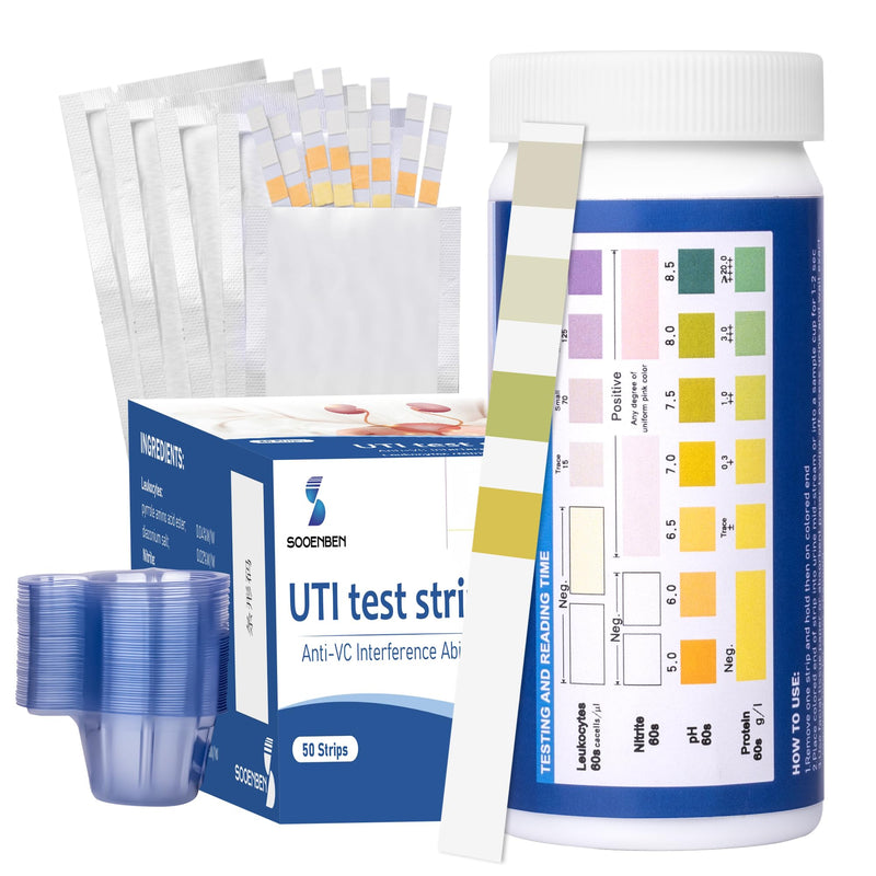 [Australia] - 4-in-1 UTI Test Strips, 50ct Full Panel Urinary Tract Infection Test Kit at Home for Women Men Kids, Urinalysis Leukocytes, Nitrites, PH, Protein Urine Strip for UTI and Bladder, 50 Strips 50 Cups 1 Count (Pack of 50) Blue-4in1 