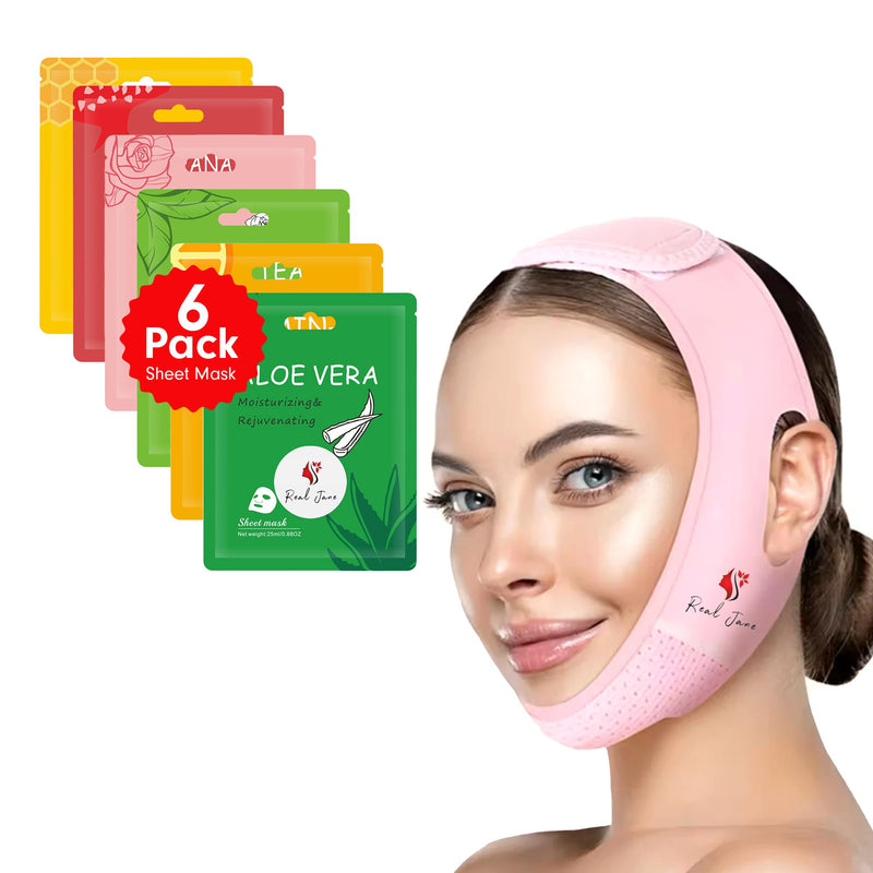 [Australia] - V Line Face Lifting Strap with 6 Korean Dewy Glow Masks – Reusable Chin Strap for Jawline Support, Face Slimming, Skin Care Tool for Women, Facial Firming Band, Beauty Mask Set 
