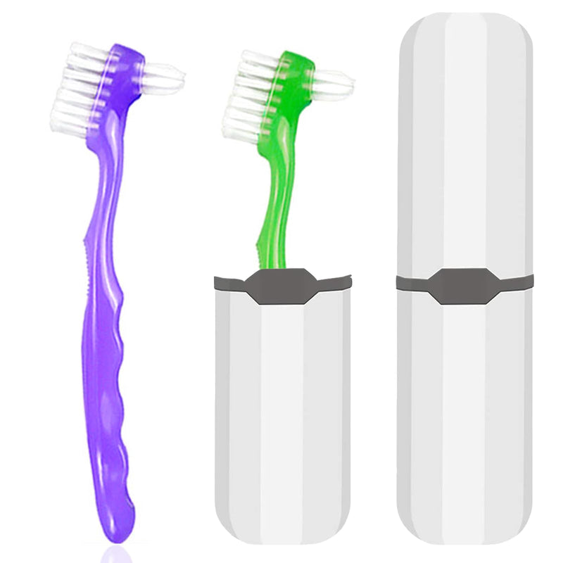 [Australia] - 2-Piece Denture Cleaning Brush Set - Multi-Layered Bristles False Toothbrush with Ergonomic Handle and White Carrying Case for Fake Teeth Cleaning, Travel-Sized Oral Care Tool (Green&Purple, One Size) Green&purple 