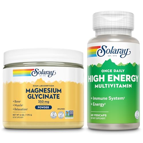 SOLARAY Magnesium Glycinate Powder 350mg and High Energy Multivitamin Bundle - Chelated Magnesium and Once Daily Multi - Bone Health, Muscle, Heart and Immune Support, 60-Day Guarantee, 6oz/60ct