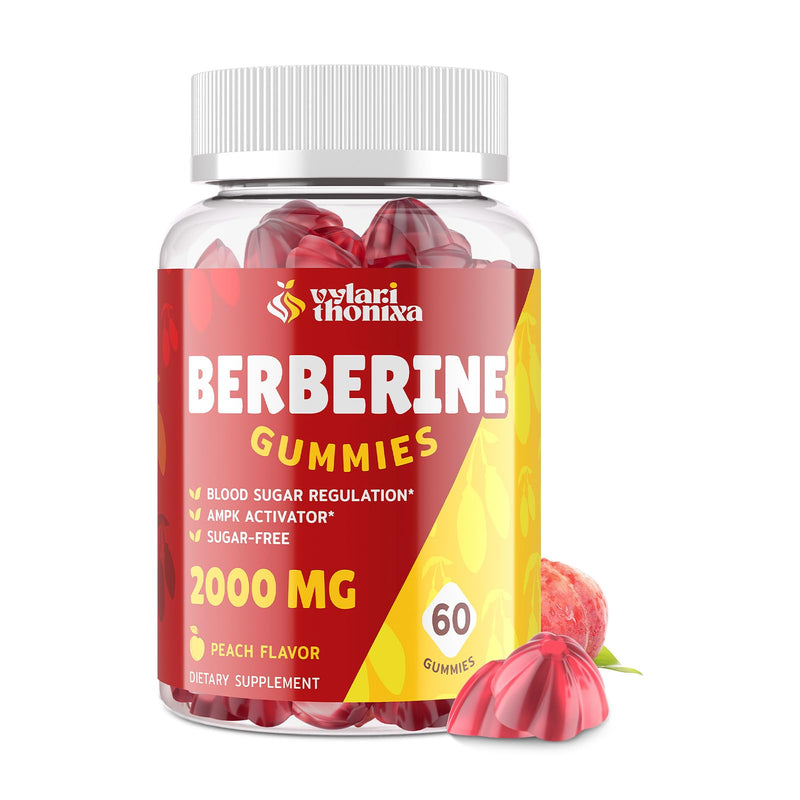 [Australia] - 2000mg Berberine Supplement Gummies - High Potency Berberine with Ceylon Cinnamon Candy, Turmeric, Magnesium, Chromium - Sugar Free, Vegan, Non-GMO, Gluten-Free - Peach Flavor 60 Gummies - 1 Pack 60 Count (Pack of 1) 
