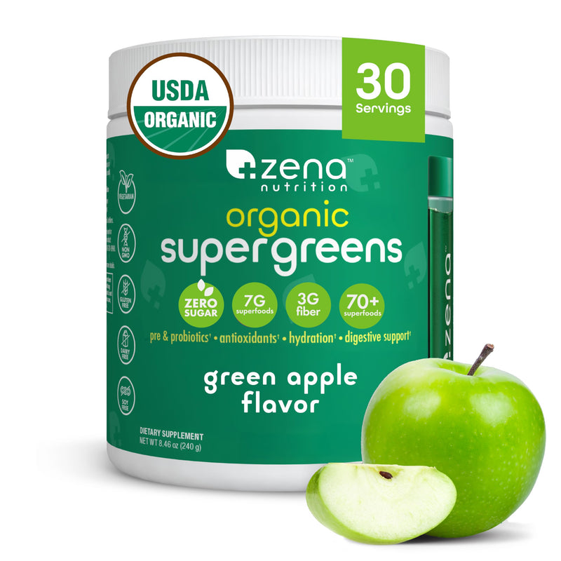 [Australia] - Zena Nutrition Organic Super Greens Powder, 70+ Superfoods, 0 Sugar, 3G Fiber, Spirulina, Chlorella, Antioxidants, Prebiotics/Probiotics, Digestive Enzymes, Green Apple, 30 Servings 