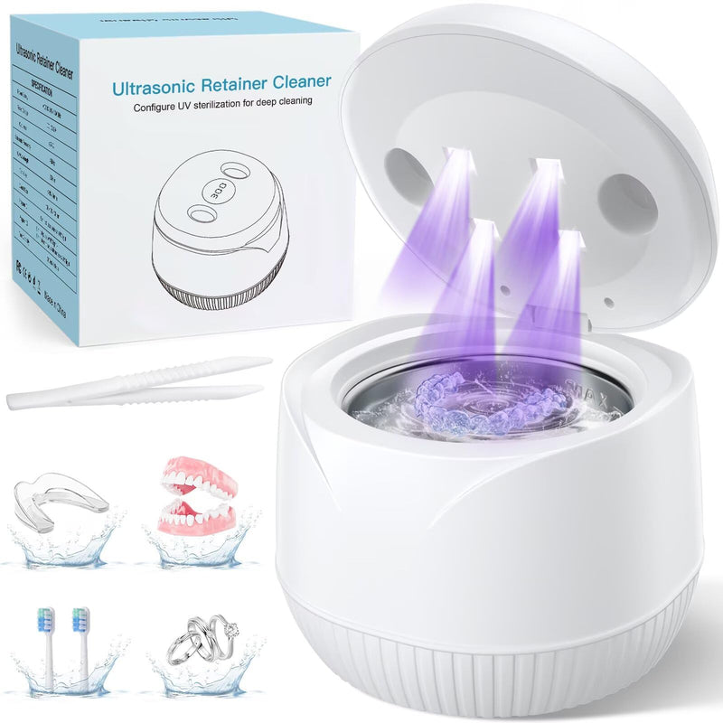[Australia] - Dental Ultrasonic Retainer Cleaner Machine - Dental Cleaning Pod for Denture, Mouth Guard, Aligner, Night Guard, Braces, Toothbrush Heads, Jewelry, 45kHz Retainer Cleaner with Digital Timer & 200ML White 